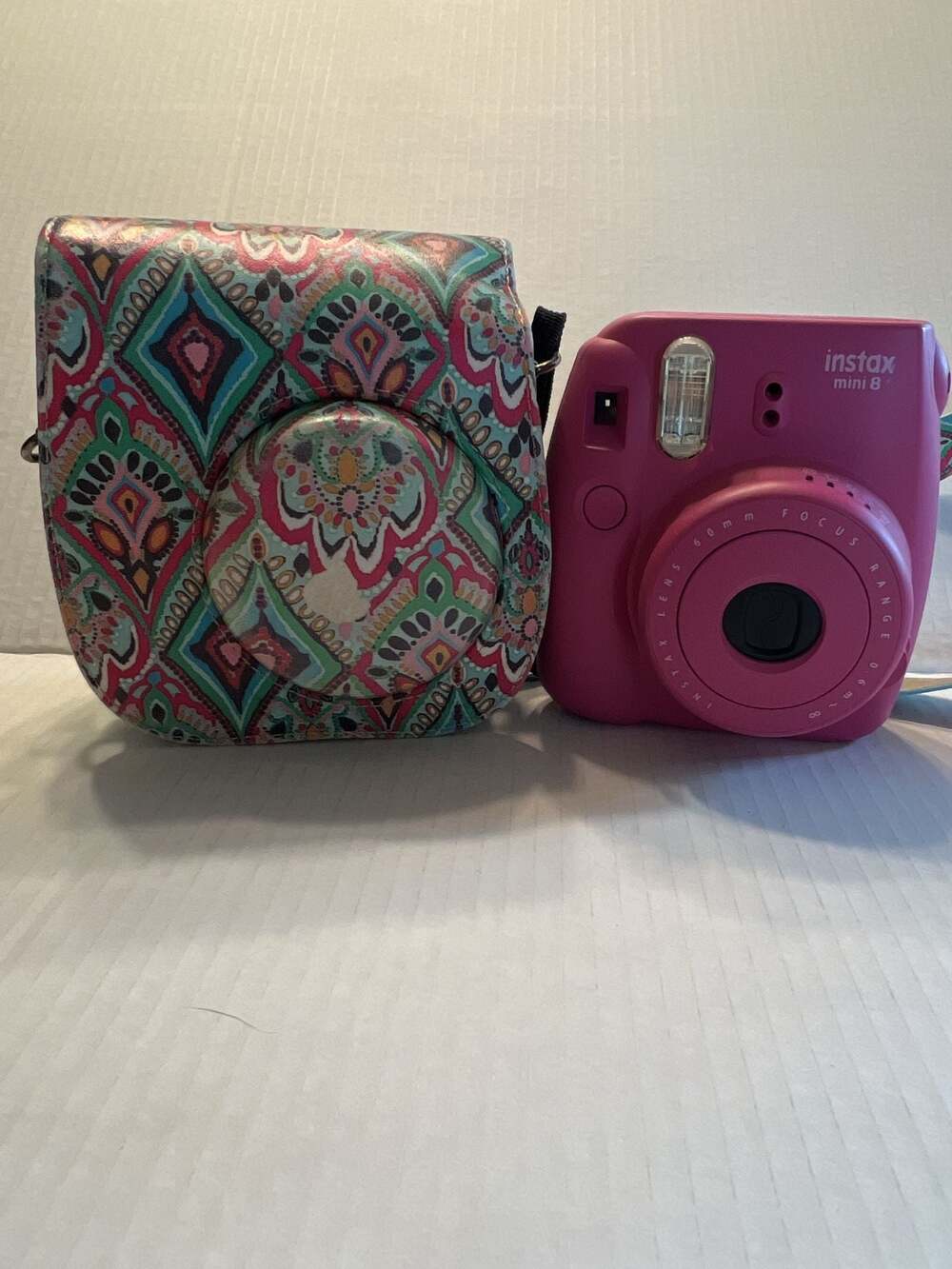 Fujifilm Instax Mini 8 Pink Instant Camera with Patterned Case and Strap